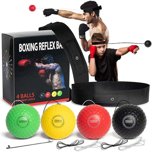Boxing reflex ball speed headband set for agility and reaction training with multiple difficulty levels.