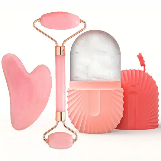 CryoGlow Ice Face Roller and Gua Sha set with silicone ice mold and protective pouch for anti-aging skincare therapy