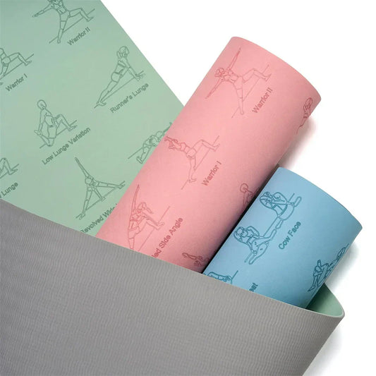 Eco-friendly TPE yoga and fitness mats in green, pink, and blue, rolled up with exercise illustrations.