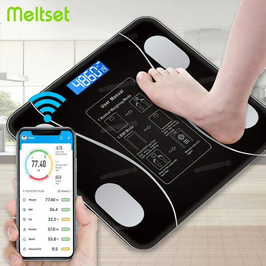 FitTrack Smart Body Analyzer Bluetooth Digital Scale with smartphone app connectivity showing 4860.0 kg weight reading.