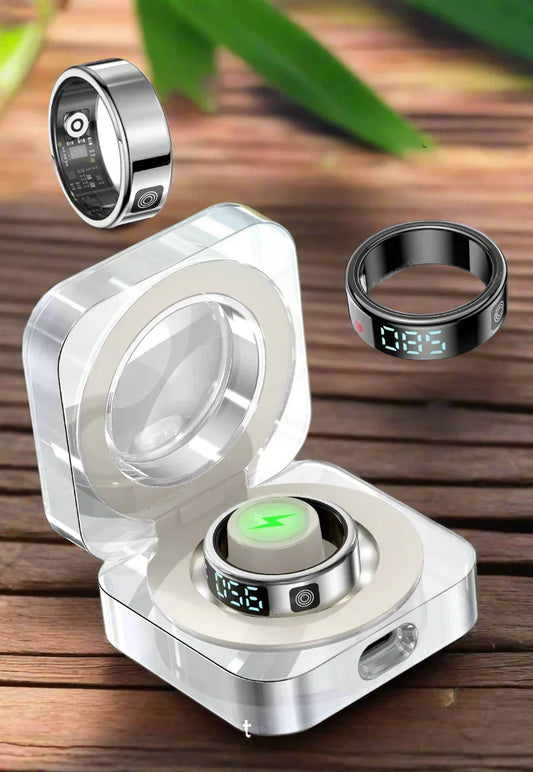 Smart ring with display screen in charging case, compatible with Xiaomi and Samsung.