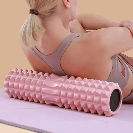 High-density foam roller for muscle massage and back pain relief.