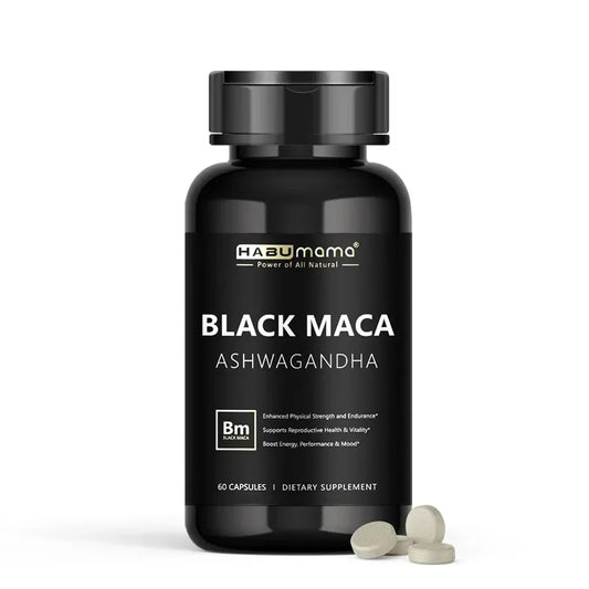 Premium Black Maca Root Extract capsules for energy, stamina, and hormonal balance support.