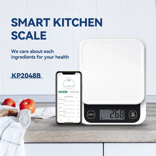 smart nutrition scale with digital display and app integration in kitchen setting