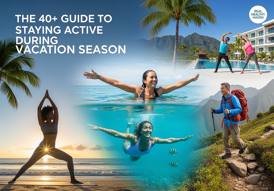 Diverse group of adults over 40 staying active during vacation - yoga on beach, hiking, swimming, and stretching by pool