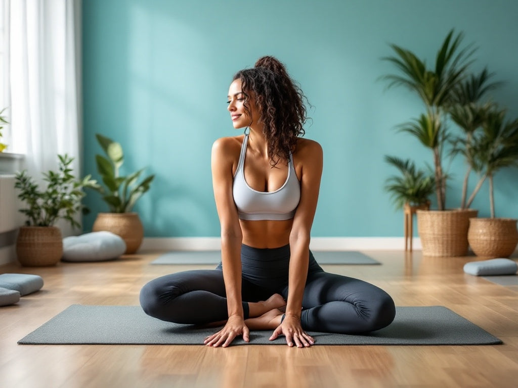 It captures the essence of using the MagicFit Pilates Yoga and Toning Ring in a serene and inviting yoga studio setting.