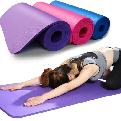 Thick yoga mat with anti-skid surface and EVA foam, available in various colors and 6MM thickness.