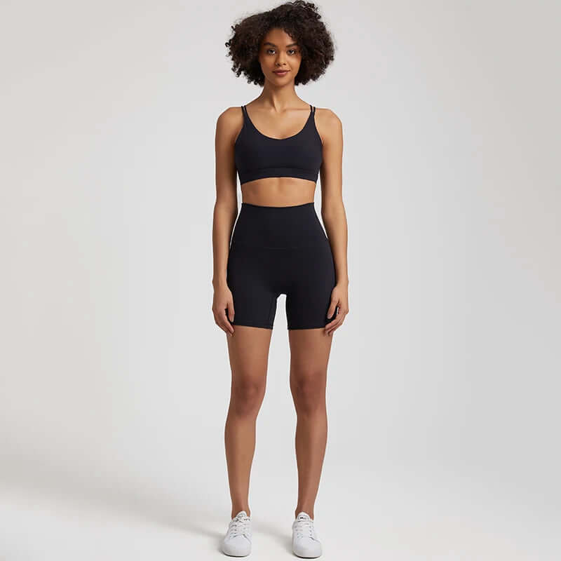 Black Gym shorts set women high waist bra