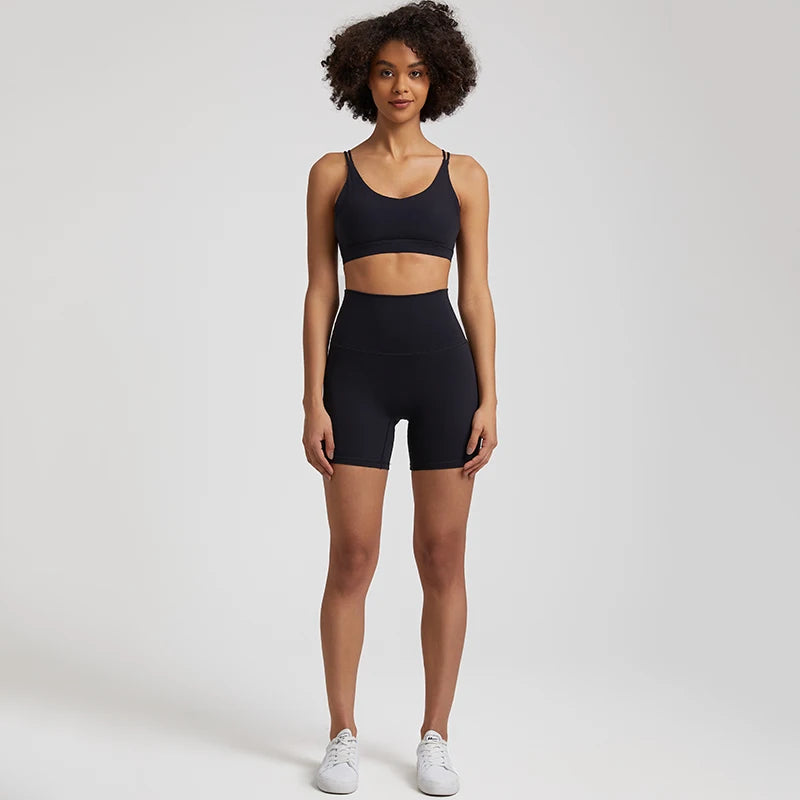 Black Gym shorts set women high waist bra