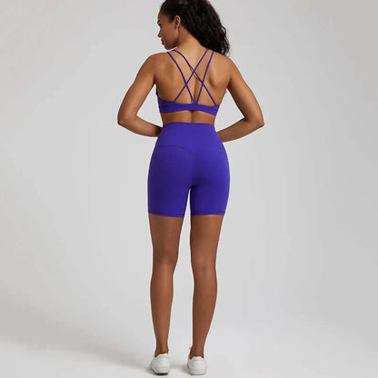 Blue Gym shorts set women crisscross strappy bra