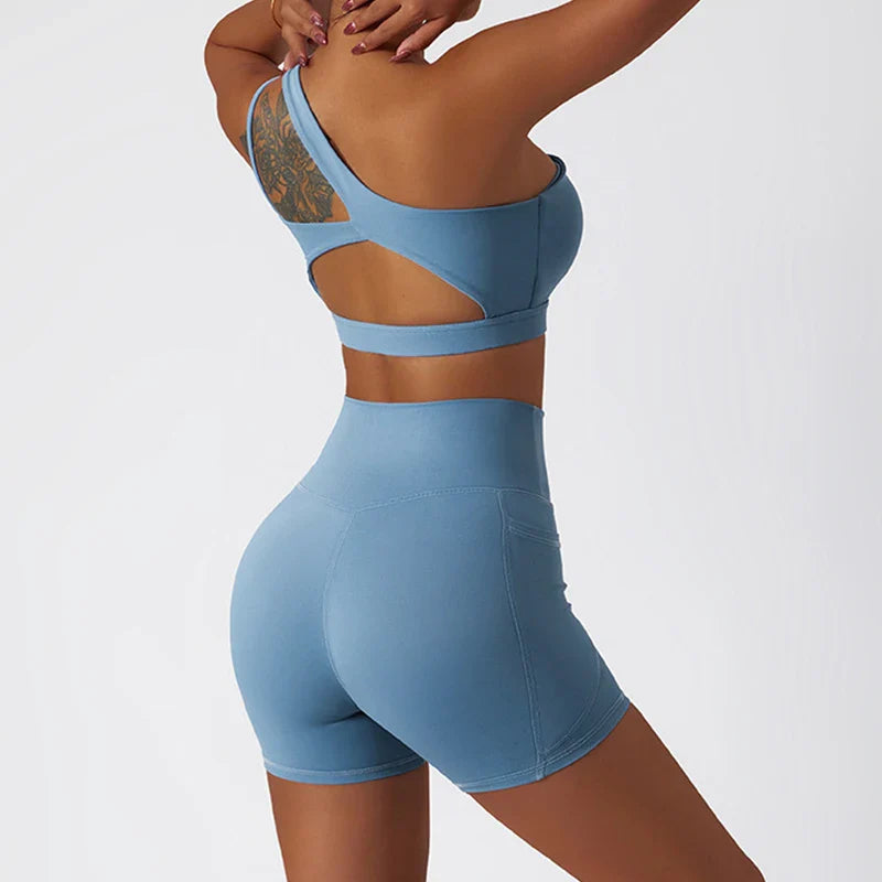 Blue Two Piece Yoga Sets for Women with Bra & Shorts