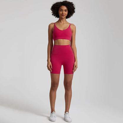 Bright Pink Gym shorts set women high waist bra