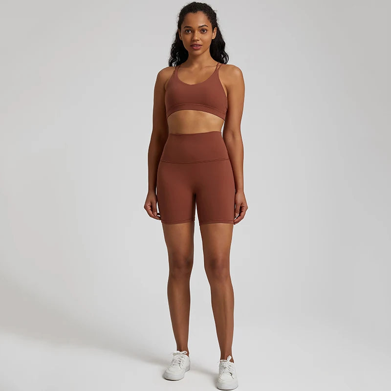 Brown Gym shorts set women high waist bra