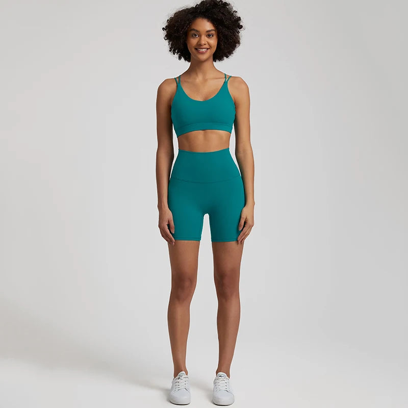 Classic Green Gym shorts set women high waist bra