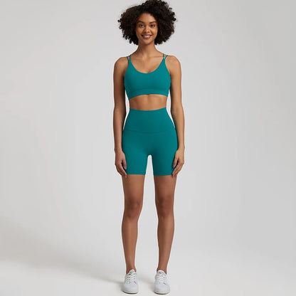 Classic Green Gym shorts set women high waist bra