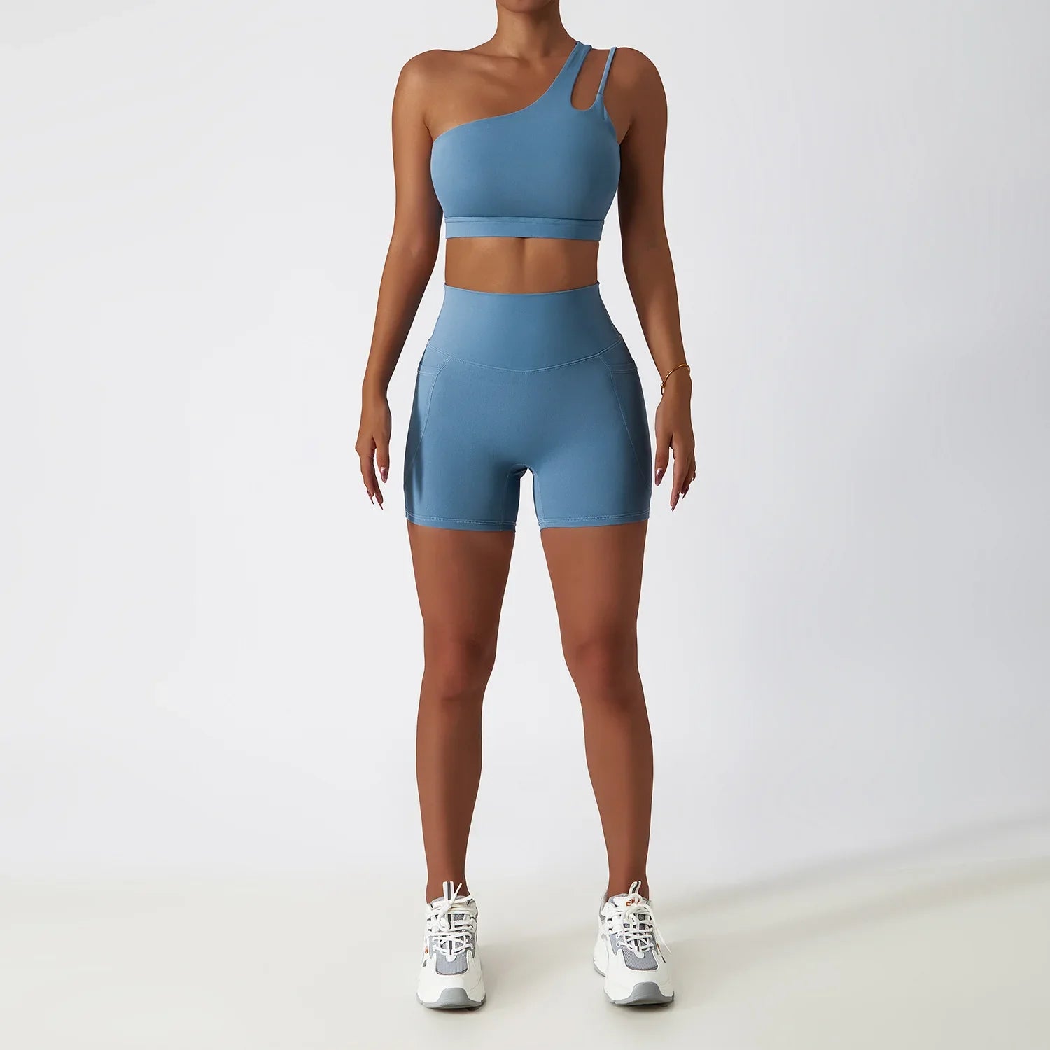 Gray Blue Short yoga Sets for Women with Bra