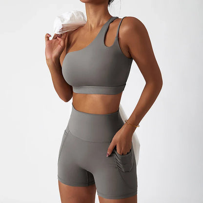 Gray Two Piece Yoga Sets for Women with Bra & Shorts