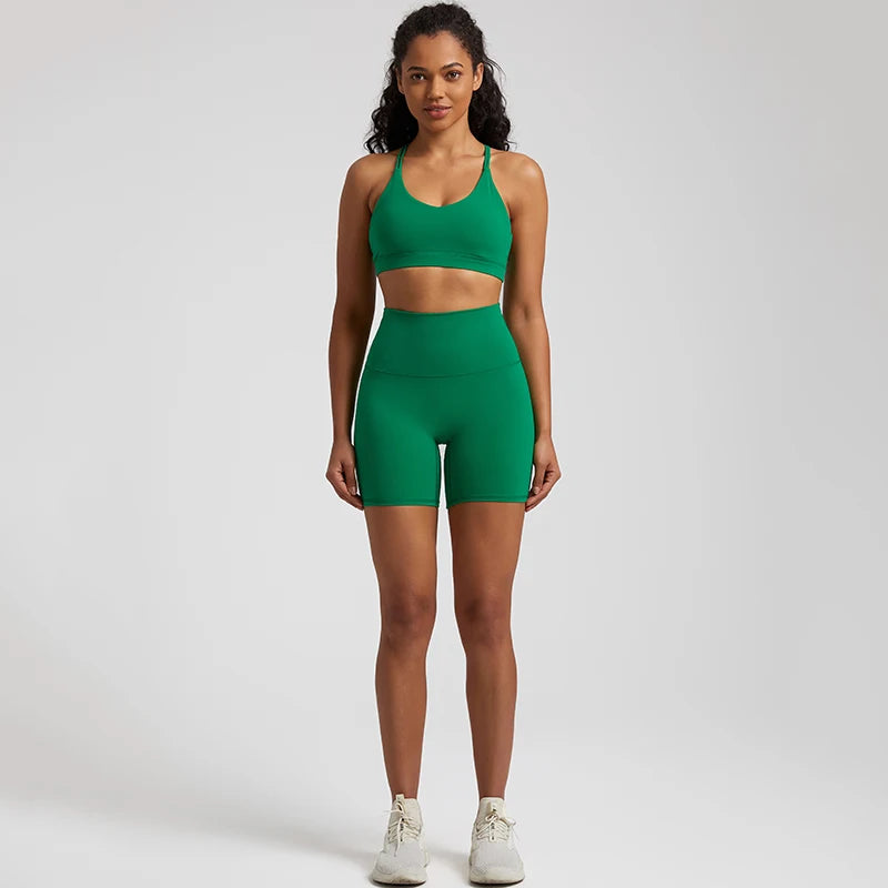 Green Gym shorts set women high waist bra
