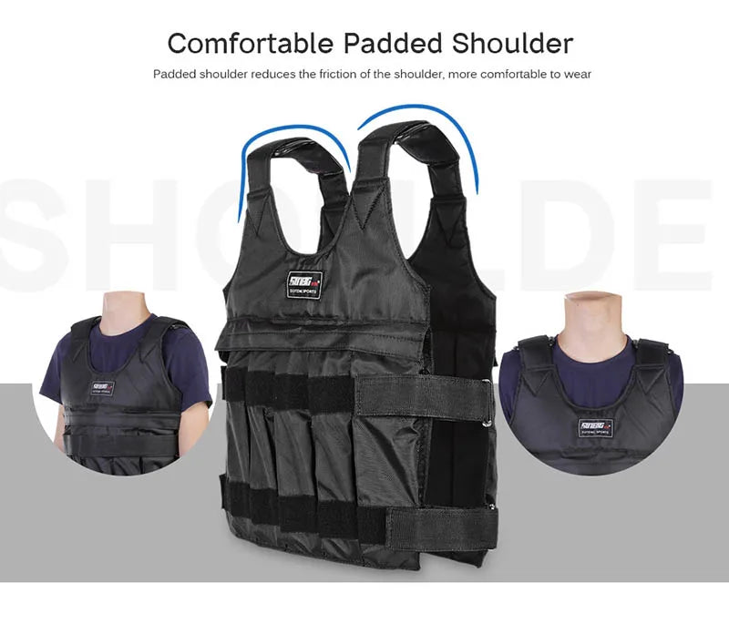 Weighted vest with padded shoulders for 20/50 kg boxing training and fitness activities.