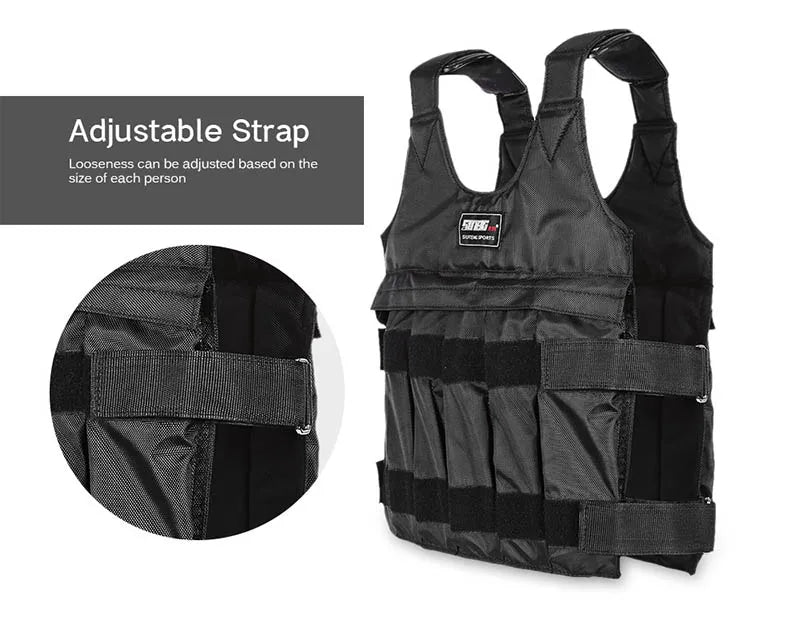 Weighted vest with adjustable strap for boxing training and fitness, 20/50 kg capacity.