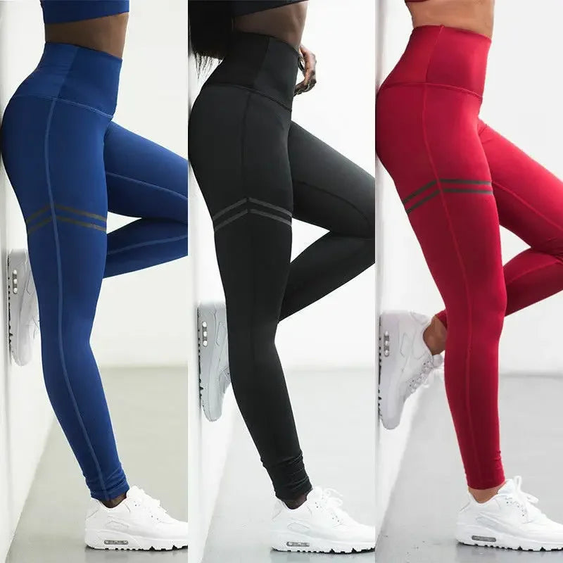 High waist women's fitness leggings in blue, black, and red, ideal for sports and jogging.