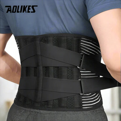 Orthopedic lumbar support brace with 6 stabilizing stays for back pain relief and posture support.