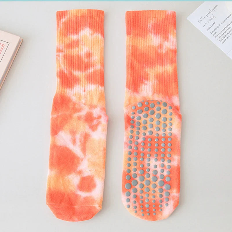 Orange red yoga socks for women cotton tie-dye silicone socks