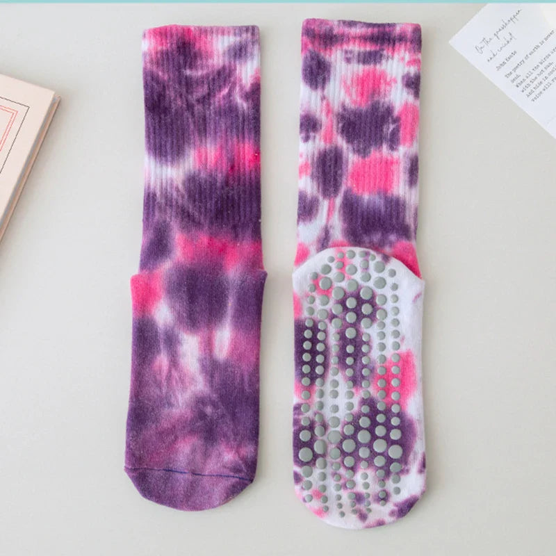 Purple yoga socks for women cotton tie-dye silicone socks