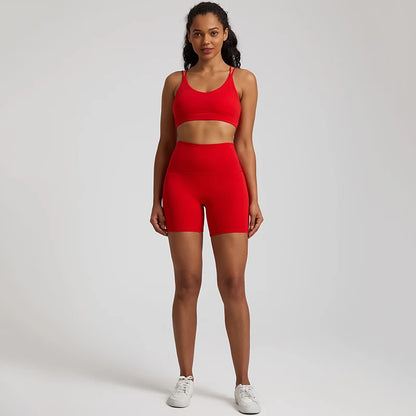 Red Gym shorts set women high waist bra