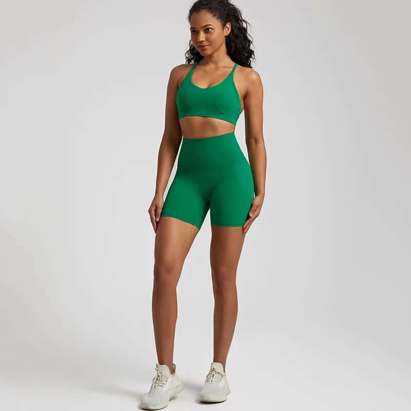 Retro Green Gym shorts set women crisscross strappy bra