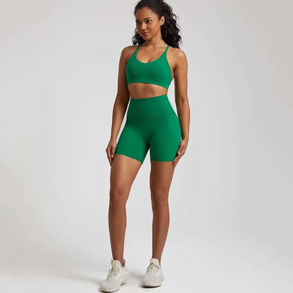 Retro Green Gym shorts set women crisscross strappy bra