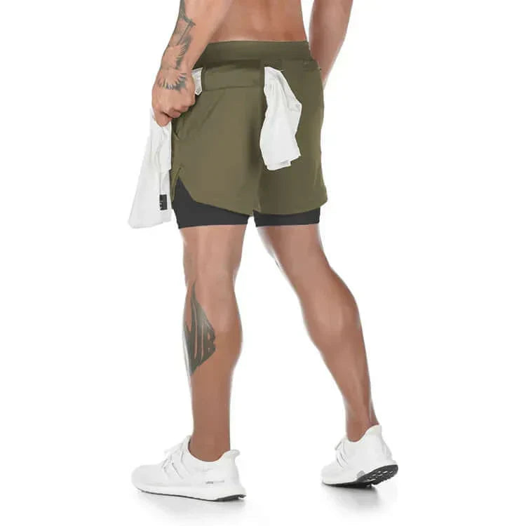 Men's camo 2-in-1 running shorts, quick-dry gym gear, featuring supportive inner layer and pockets.