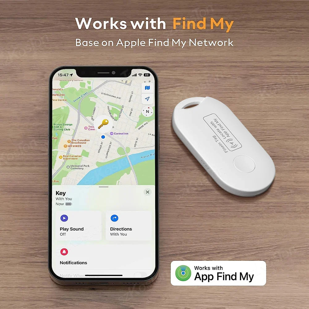 FindMate Pro Smart Tag next to iPhone showing Find My app tracking location on map