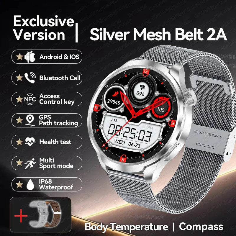 UltraFit Pro 2024 Men's Smartwatch with NFC and health monitoring features, silver mesh belt, and AMOLED display.