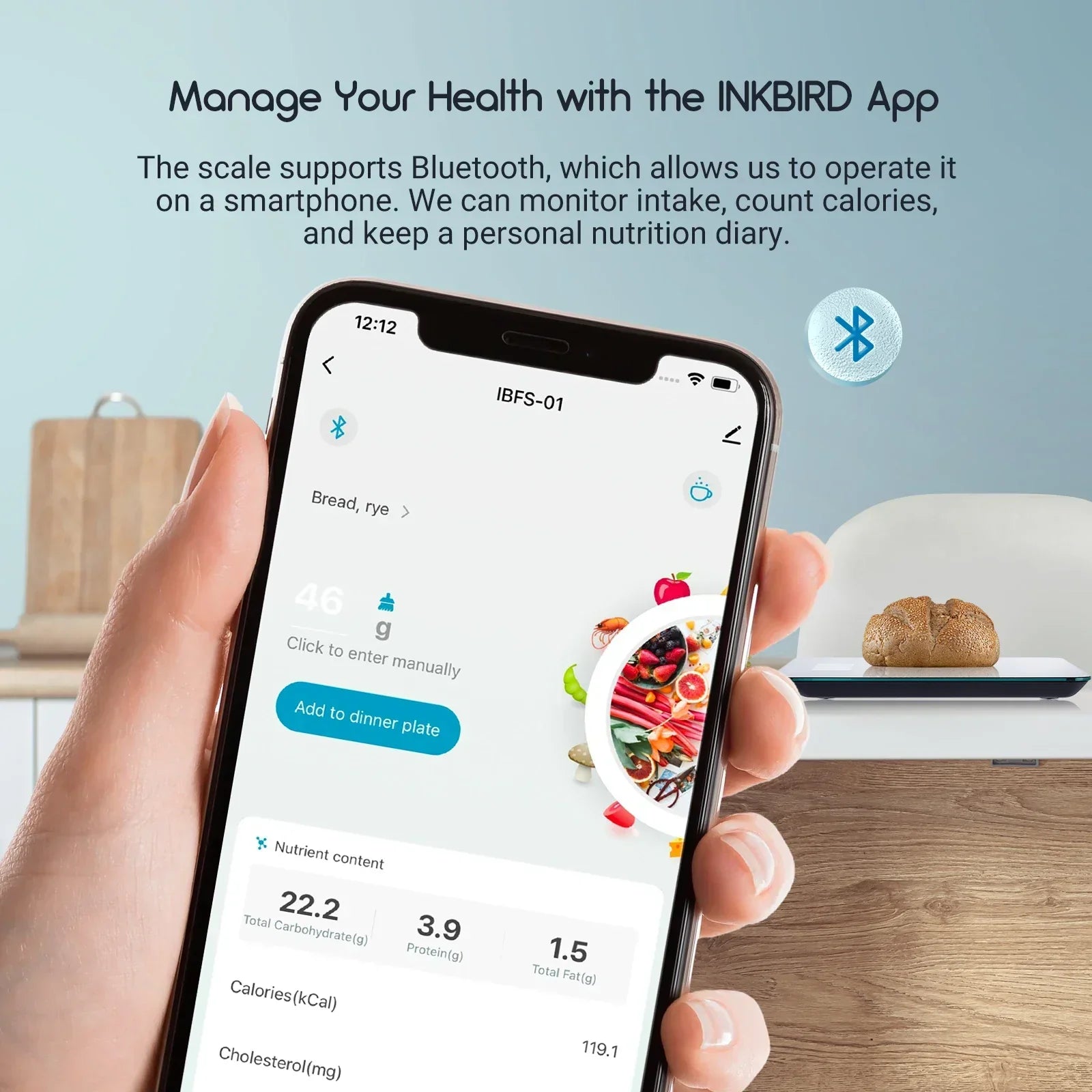 InkBird Smart Food Scale with Bluetooth app connectivity displaying nutrition tracking on smartphone screen.