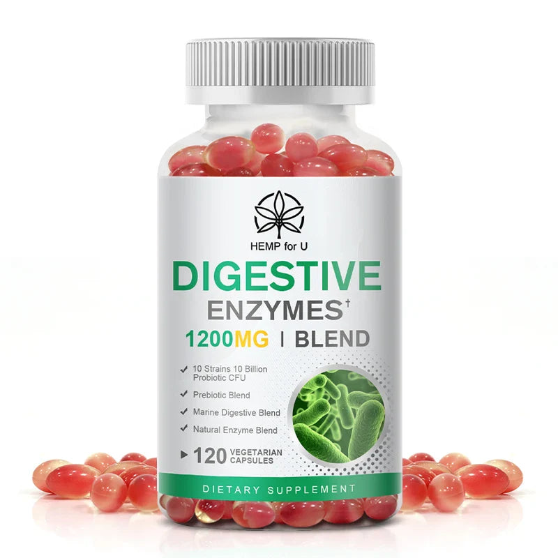 All Natural Digestive Enzyme supplement with advanced 20-enzyme complex and prebiotic formula in a 120 vegetarian capsule bottle.