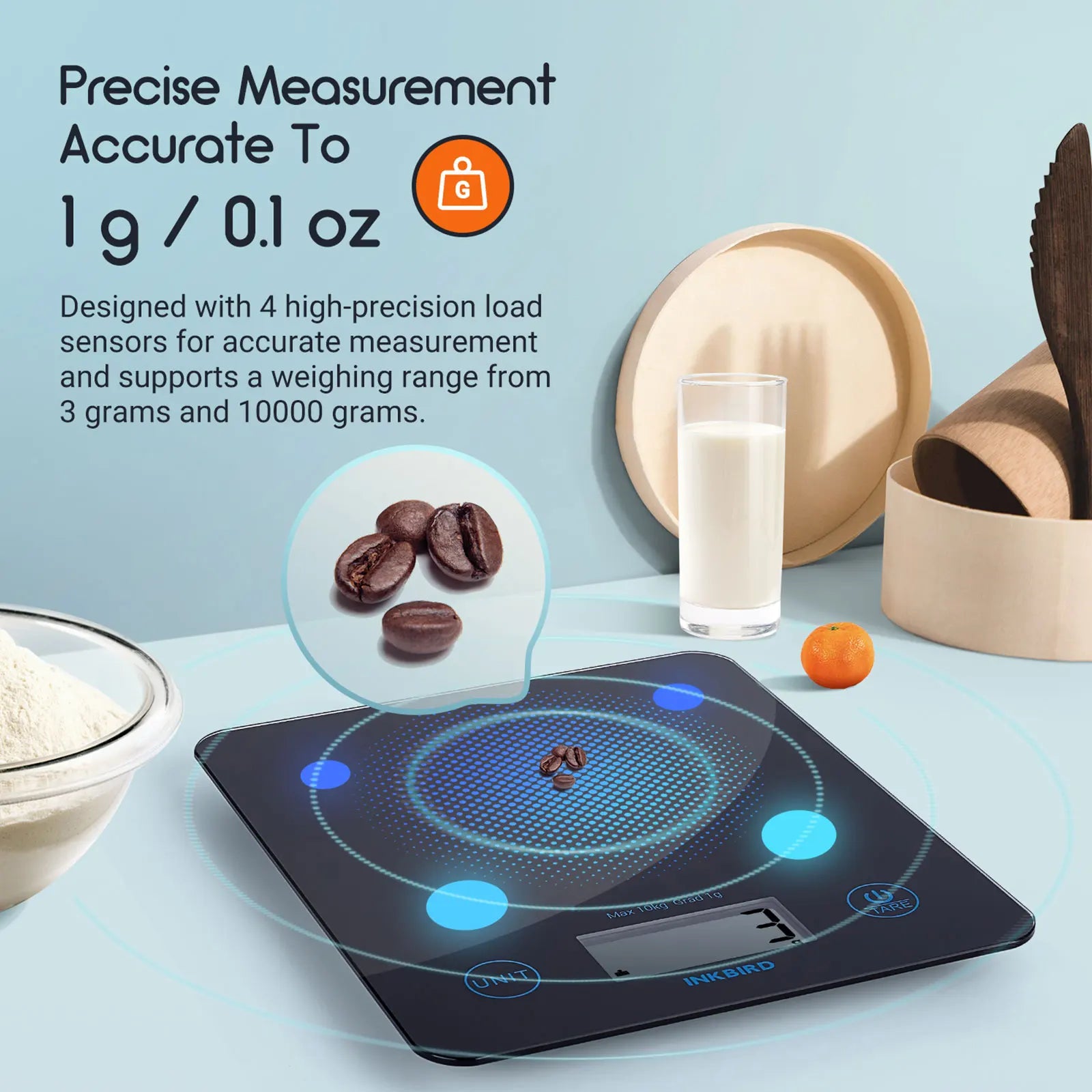 INKBIRD Smart Food Scale with Bluetooth, precise measurement, and digital display in a modern kitchen setting.