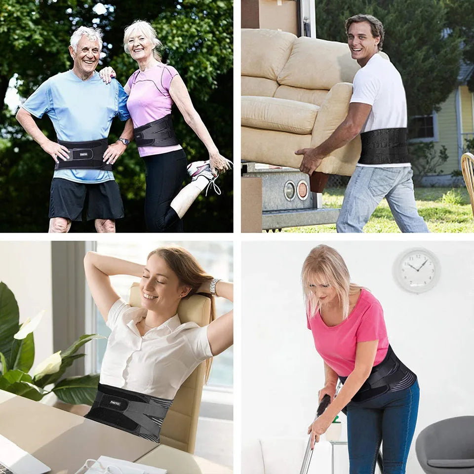 Orthopedic lumbar support brace in use by various people during activities like exercising, moving furniture, relaxing, and cleaning.
