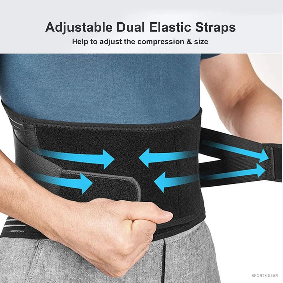 Adjustable orthopedic lumbar support brace with dual elastic straps for optimal compression and back alignment.