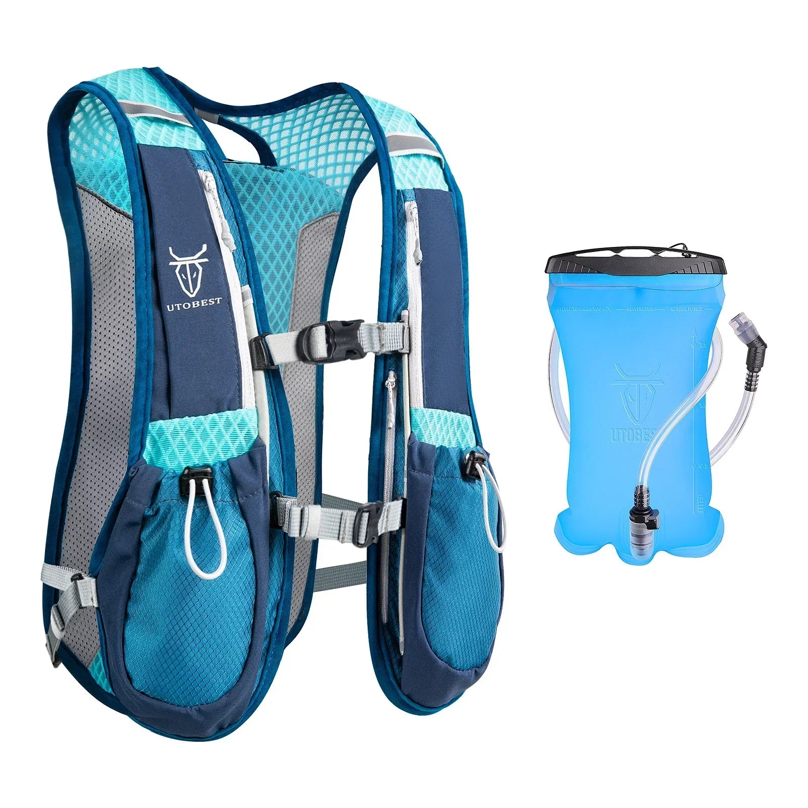 UTOBEST Ultra Lightweight Trail Running Hydration Vest with 1.5L Water Bladder, 5L Capacity, Blue Design.