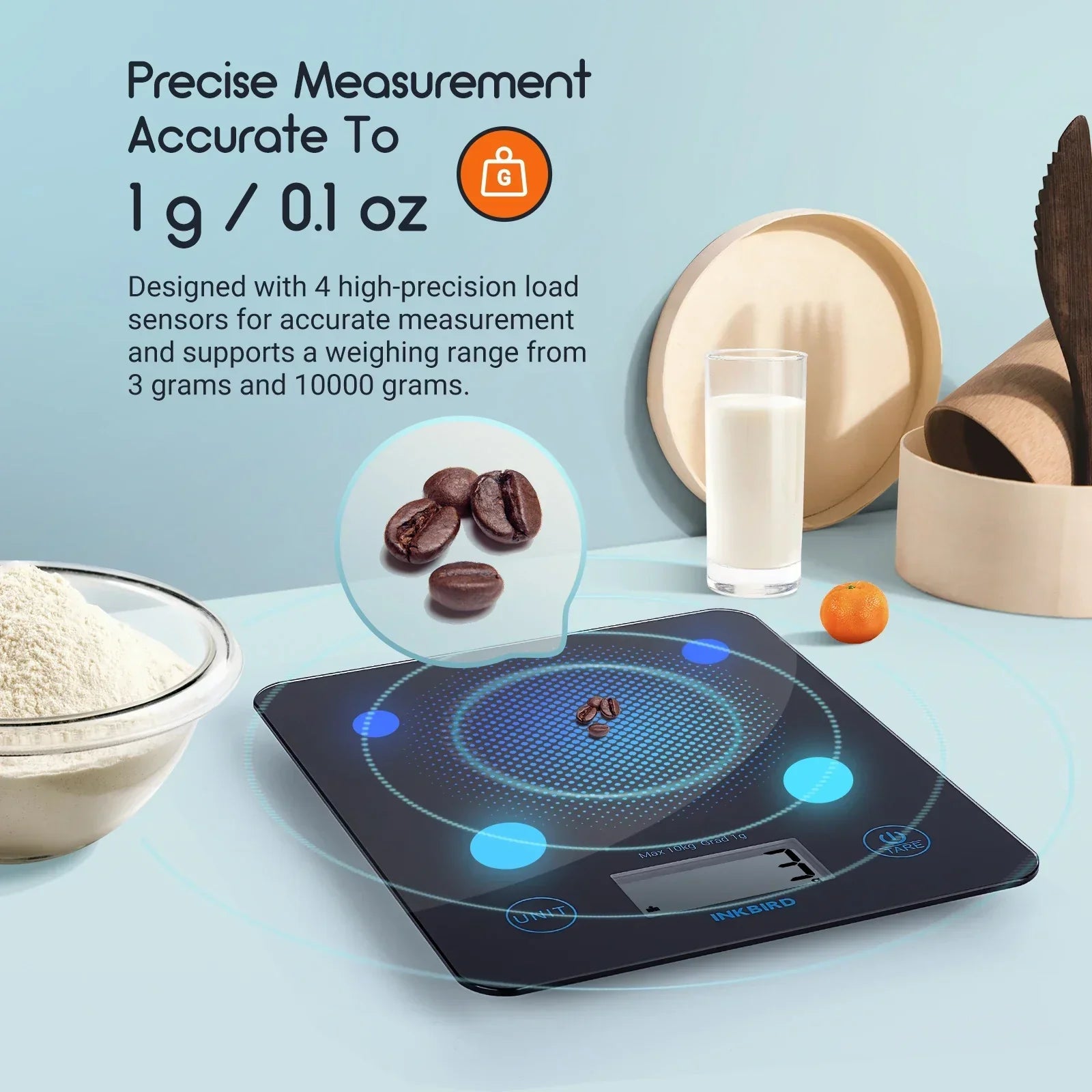 INKBIRD Smart Food Scale with precise measurement, modern design, Bluetooth connectivity, and digital display.