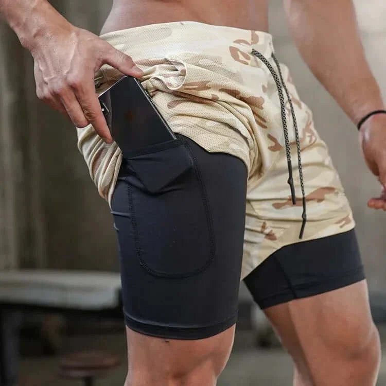 Men's camo 2-in-1 quick-dry running shorts with flexible design and secure phone pocket.