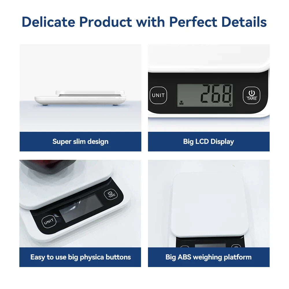 Smart nutrition scale with slim design, large LCD display, easy-to-use buttons, and ABS weighing platform.
