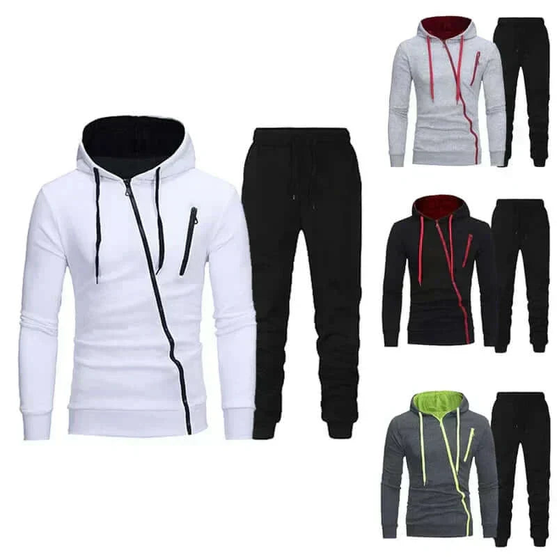 Men’s stylish hooded tracksuit for fall/winter in a 2-piece set with full-zip design and elastic waist pant in various colors.