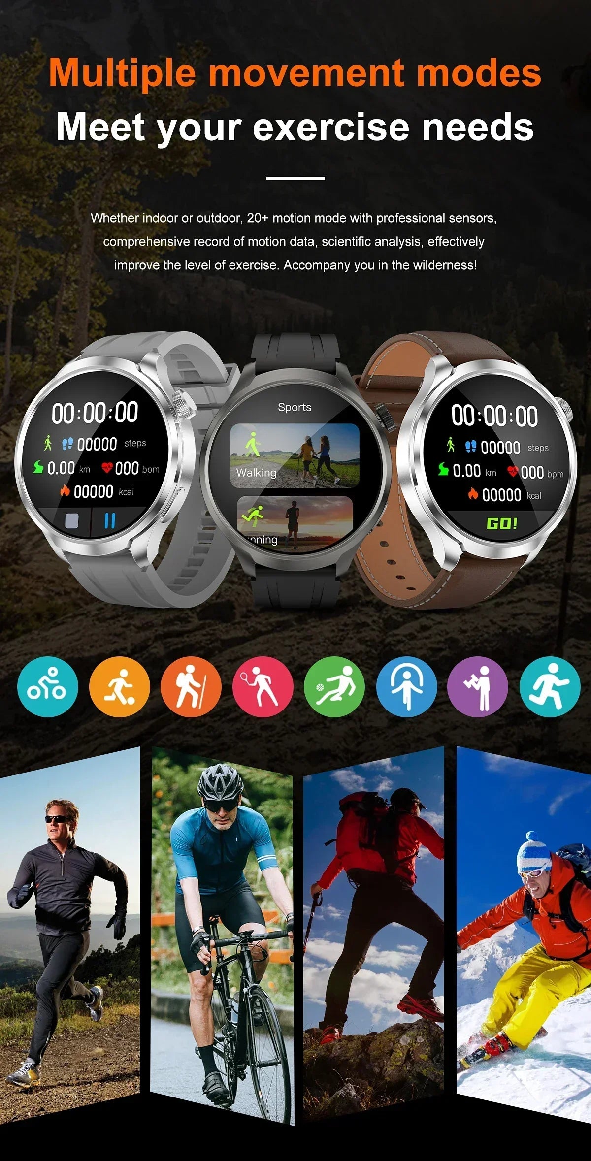 UltraFit Pro 2024 Men's Smartwatch with movement modes and exercise tracking visuals.