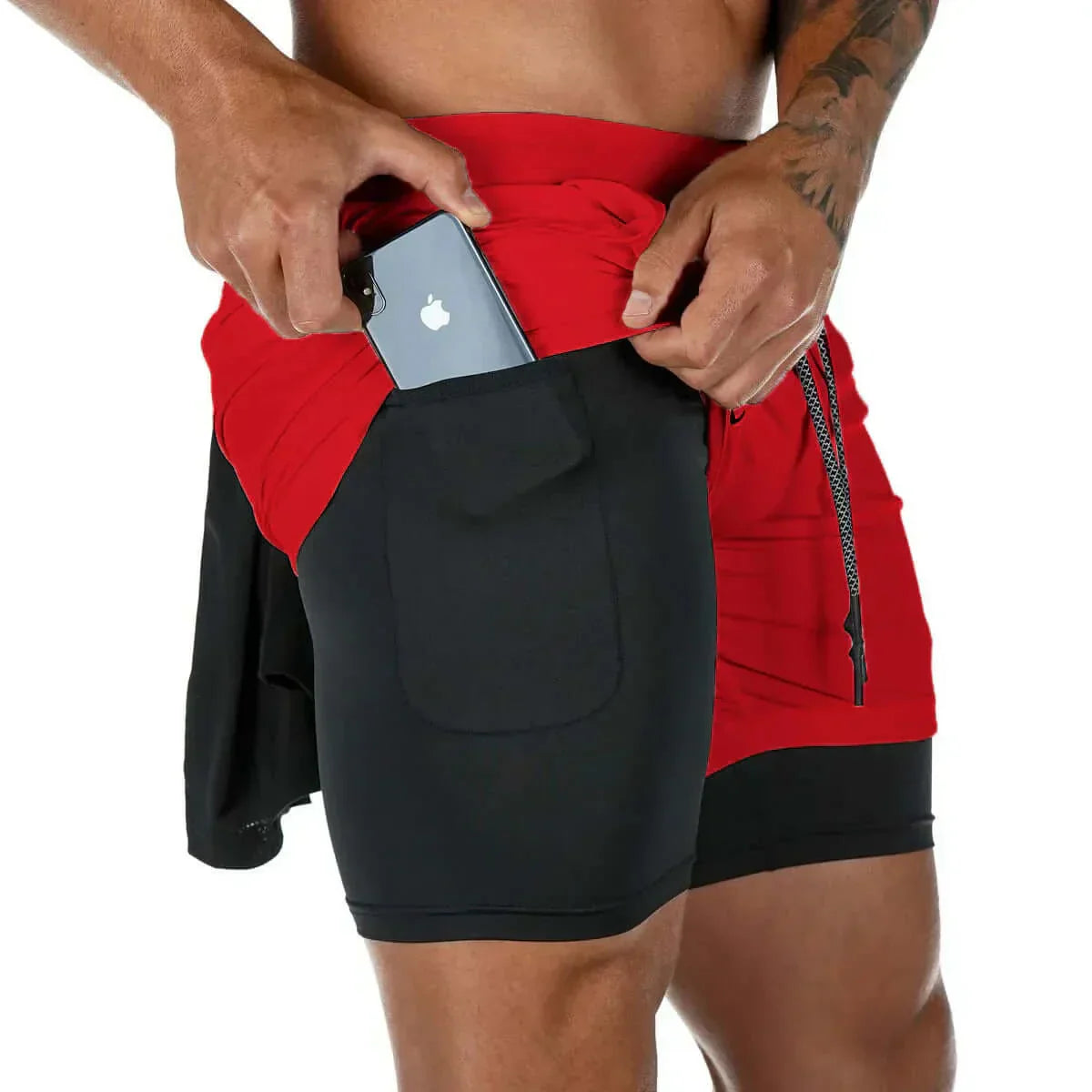 Men's camo 2-in-1 running shorts with quick-dry fabric, featuring black outer layer and red inner layer, elastic waistband, and functional phone pocket.