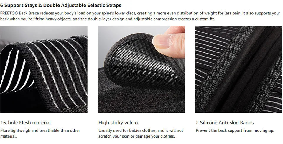 Orthopedic lumbar support brace with 6 stabilizing stays and anti-skid design, featuring breathable fabric and high sticky Velcro for secure fit.