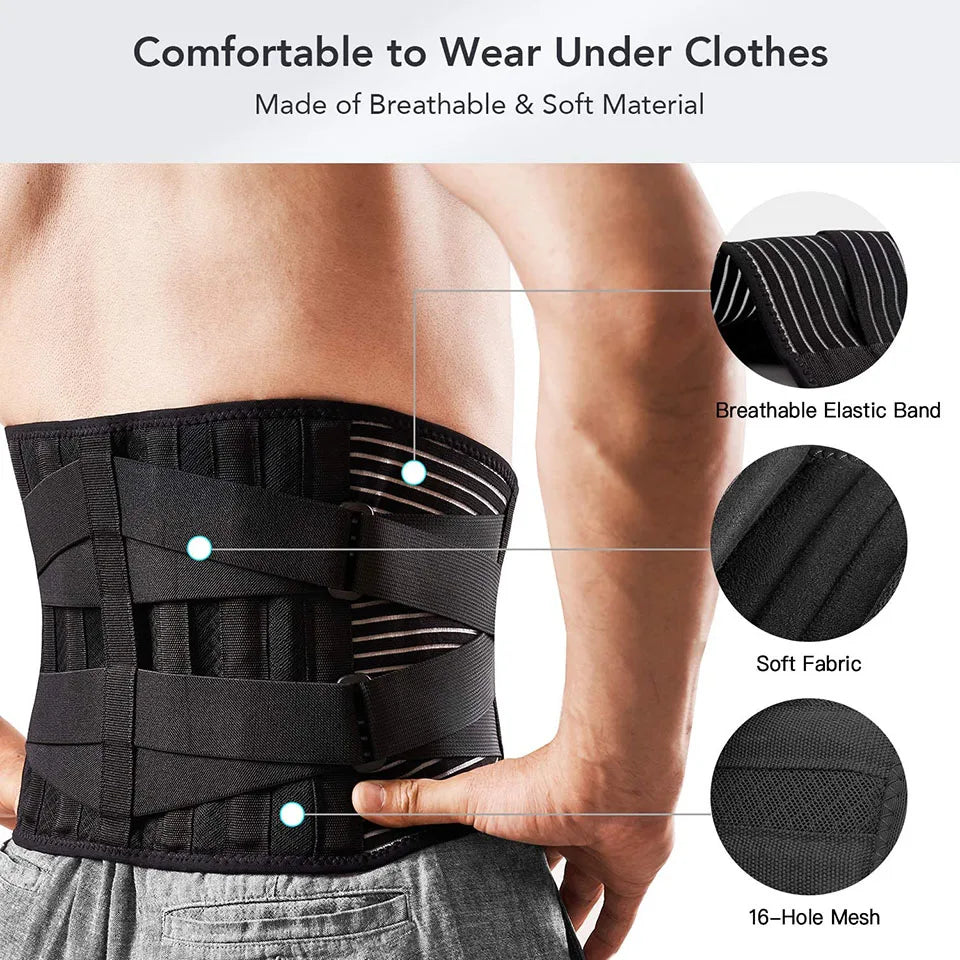 Orthopedic lumbar support brace with 6 stabilizing stays, breathable fabric, and anti-skid design for lower back comfort and alignment.