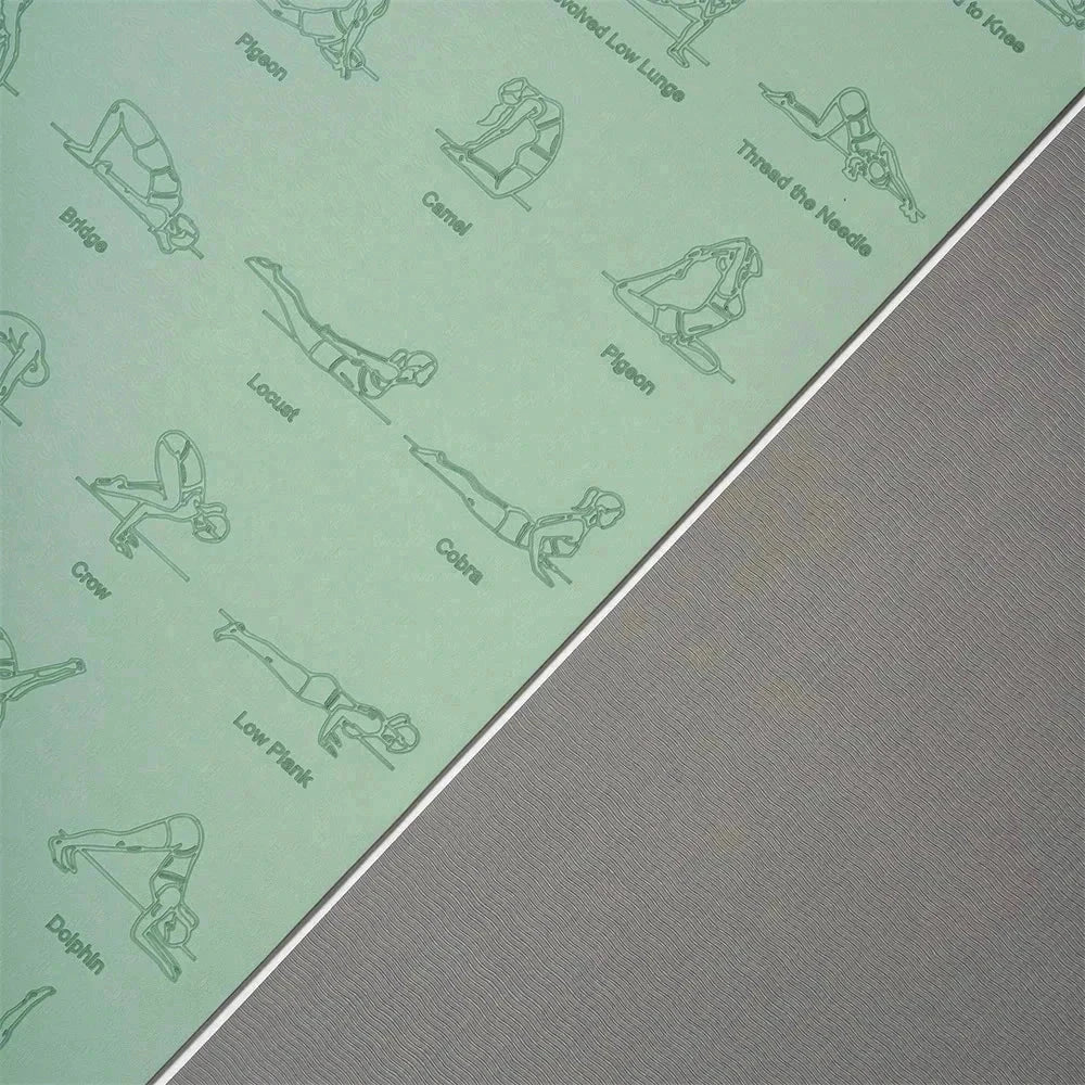 Eco-friendly TPE yoga mat with illustrated exercise poses and non-slip surface.