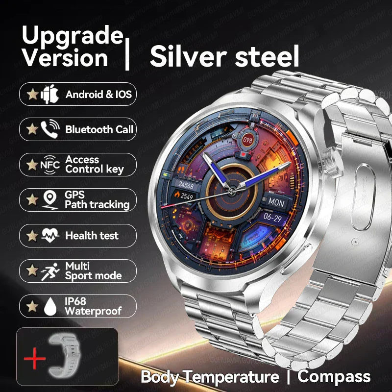 Silver steel UltraFit Pro 2024 Men's Smartwatch with NFC, health monitoring, GPS, and AMOLED display.
